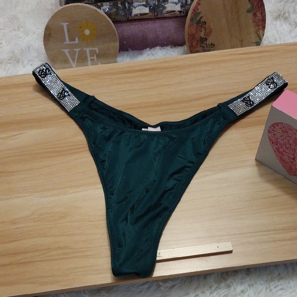Victoria's Secret Dark Green Thong Panty with Embellished Straps Medium 🆕